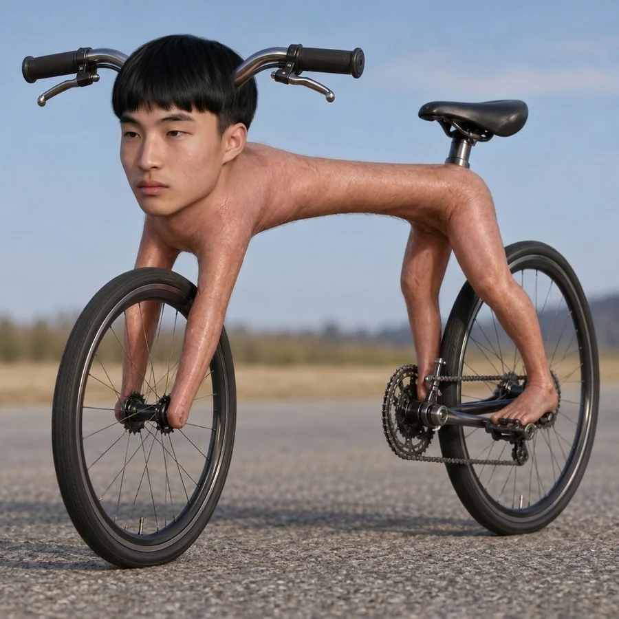 KIMCHIBIKE — a bike with Kimchi's head, hands on the front wheel and feet on the pedals