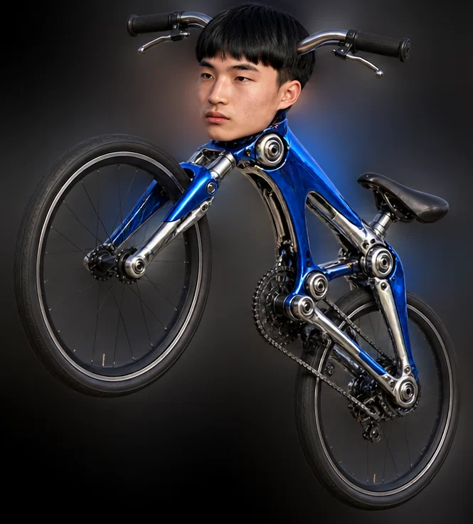 Blue chrome KIMCHIBIKE doing a wheelie